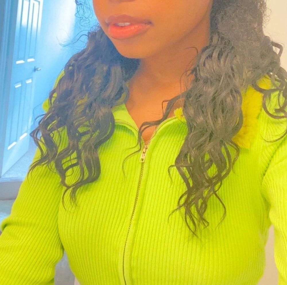 Forever 21 Green Fur Cuffed Zip Up Top